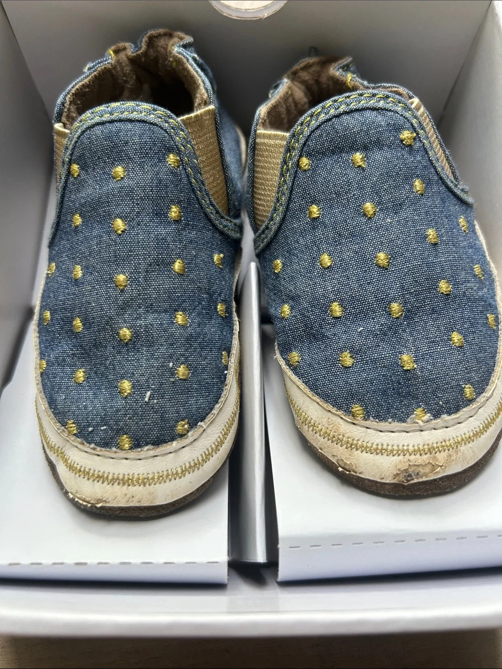 Robeez Blue Denim Slip-On Baby Shoes with Gold Dots